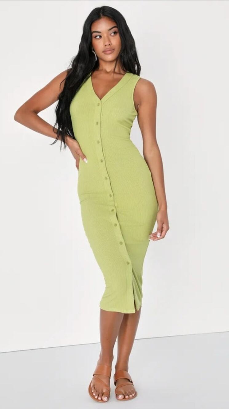 NWT Lulu's Effortless Evenings Lime Green Ribbed Button-Front Midi Dress size L